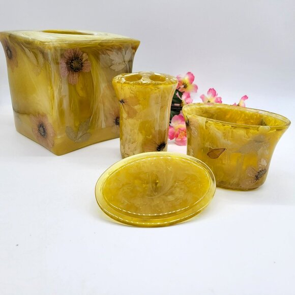 3 Pc Bathroom Set Tissue Box Toothbrush Holder Canister Pressed Flowers Acrylic - Picture 6 of 16
